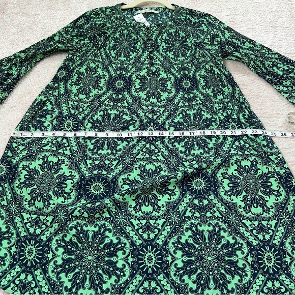 NWT LOFT Green Navy Long Sleeve Dress Knee Length Plisse Pleat Puff Sleeve Small - Picture 9 of 13